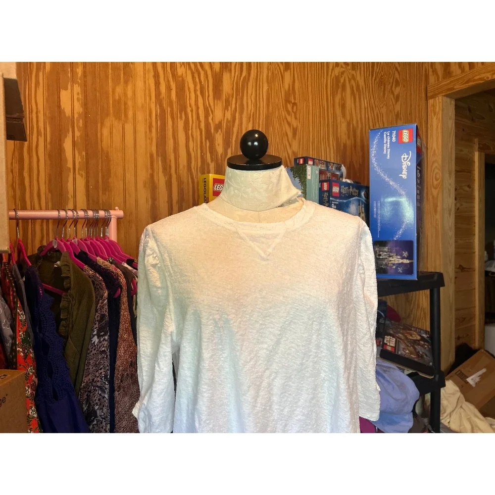 Free People White Cotton Linen Textured Puff Sleeve Top Crew Neck Slub Knit Sz L